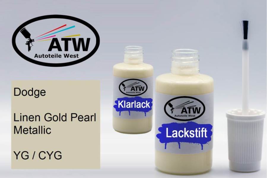 Dodge, Linen Gold Pearl Metallic, YG / CYG: 20ml Lackstift + 20ml Klarlack - Set, von ATW Autoteile West.